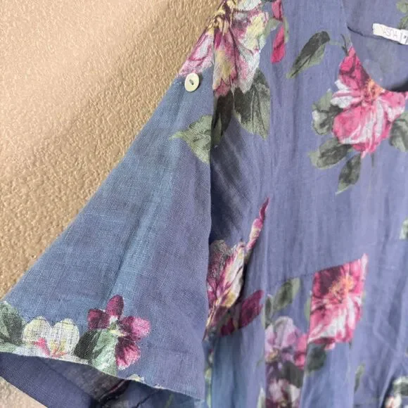 VASNA Lagenlook Linen Dress Blue Floral Made in Italy Oversized Pockets Boho M - Picture 5 of 13